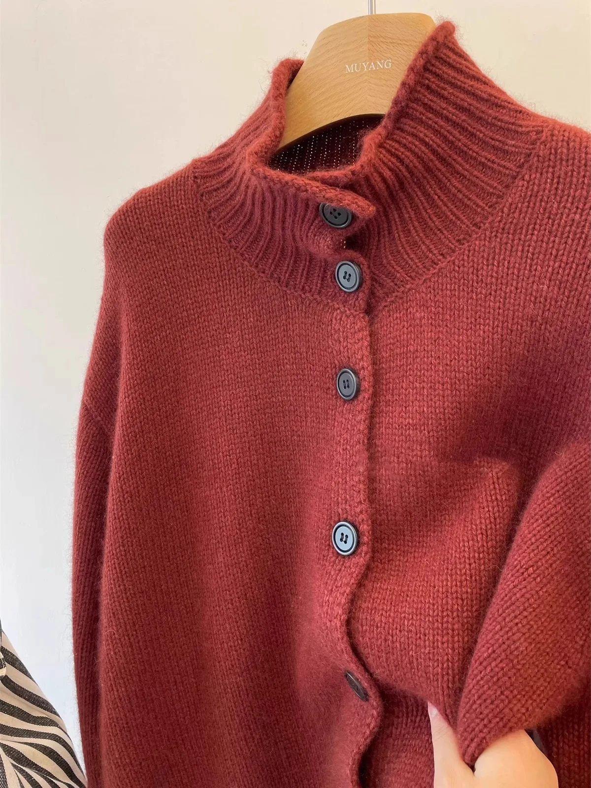 الرجعية ey الدب الفراء عالية الياقة محبوك سترة معطف المرأة فضفاضة كسول الوقوف طوق الخريف الشتاء المفتوحة سترة أعلى #2