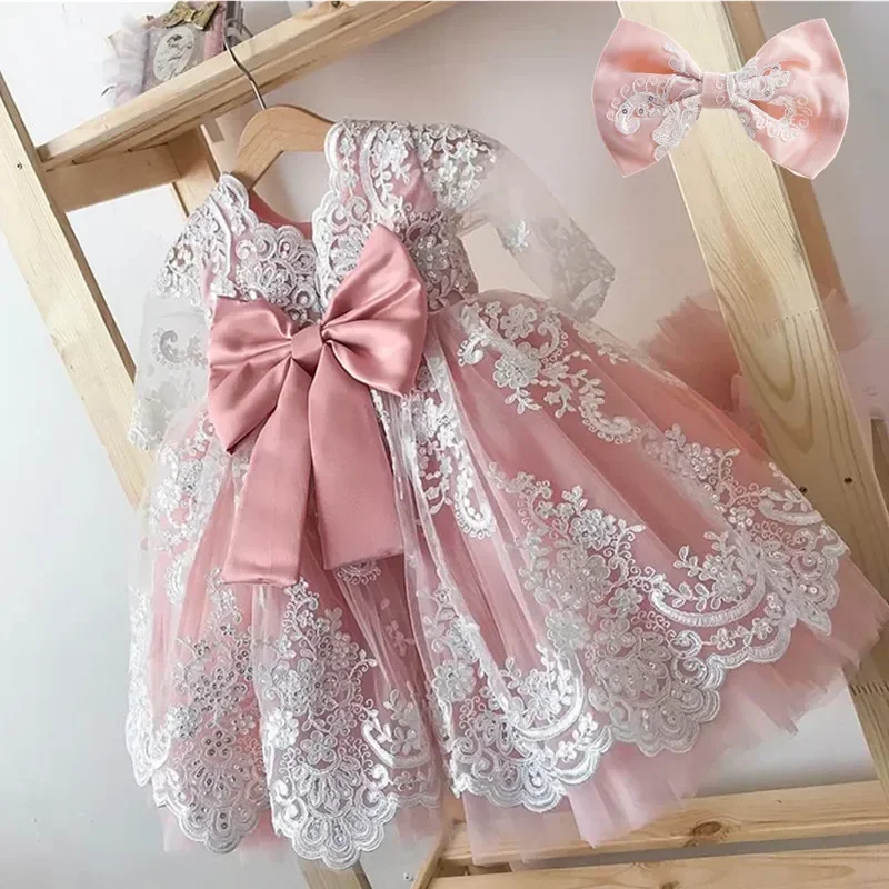 1-5Y Toddler Girl Dress Fall Sequin Flower Long Sleeve Kids Clothes Baby Red Christmas Bow Costume Infant 1st Birthday Tutu Gown