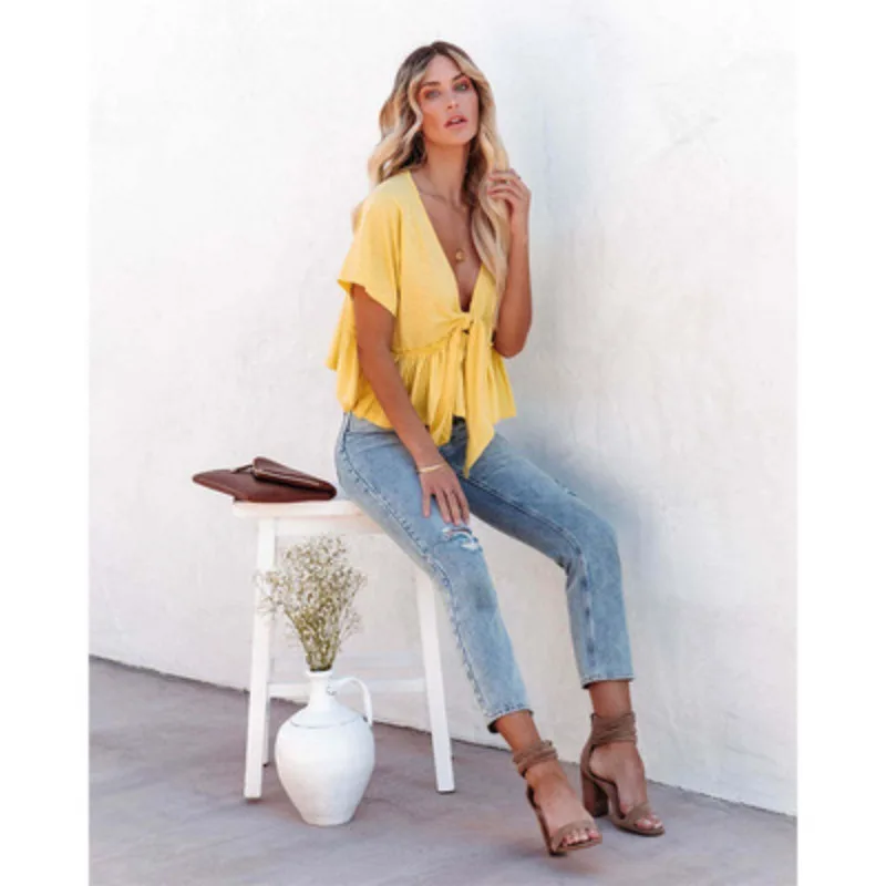 Summer new women's solid color chiffon loose short sleeve strap ruffled top