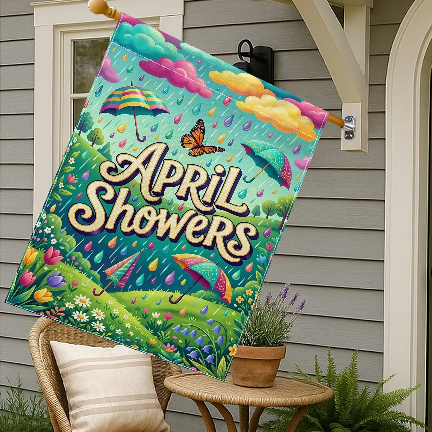 Butterfly House Flag, Spring Fanciful Umbrella Raindrop Spring Green Double Sided Burlap Outside Large Garden Flag for Outdo yyi