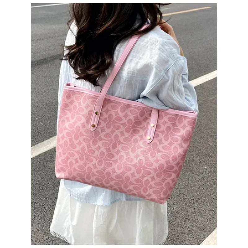 Classic Monogram Print Tote Bag, Large Capacity PU Trim Canvas Shoulder Bag, Versatile Daily Work Shopping Handbag For Women image 3