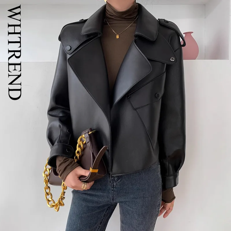 

WHTREND Sheepskin Leather Jacket For Women Motorcycle Cool Style Loose Big Size Black Coat Spring And Autumn New WH2055