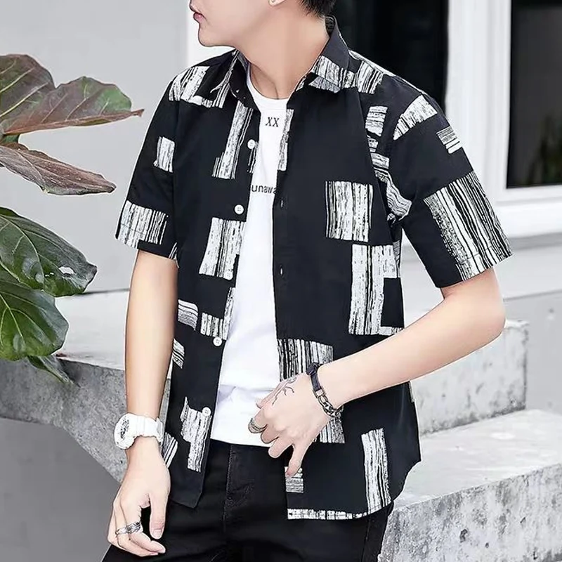 Spring Summer New Turn-down Collar Fashion Long Sleeve Shirt Man High Street Casual Button Cardigan Korean Style Printing Tops