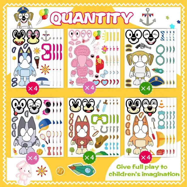 24sheet Bluey Anime Cartoon Dog Puzzle Stickers Cute Children DIY Color Puzzle Education Stickers Kids Funny Toys Gift