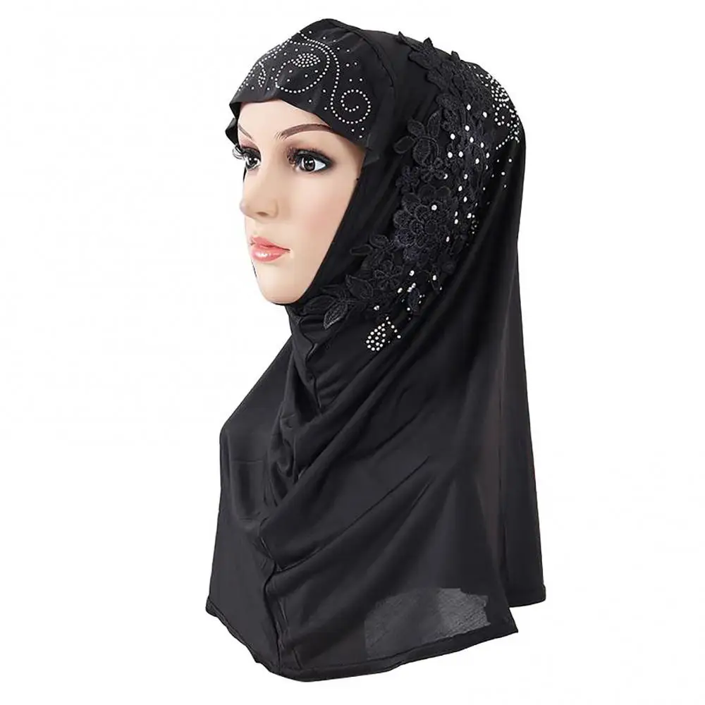 Scarf Cap Solid Color Women Lace Rhinestone Muslim Hijab Wrap Islamic Head Cover