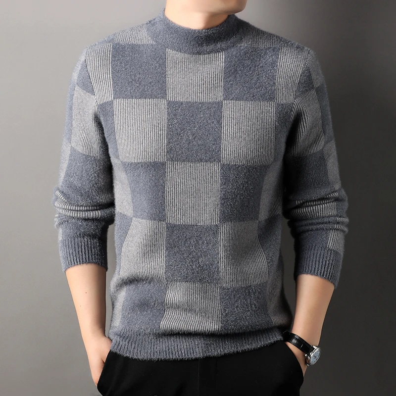 Luxury Brand New 2024 Autumn/Winter Men's Plaid Color Blocked Long Sleeved O-Neck Pullover Sweater Mink Fur Warm Men's Knitwear