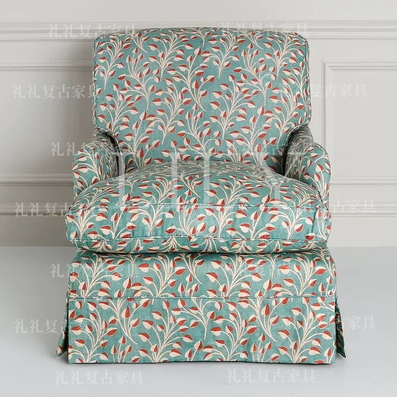 Retro Printed Solid Wood Sofa Chair Pastoral Style Bedroom Chair Small Apartment Living Room Fabric Single Chair