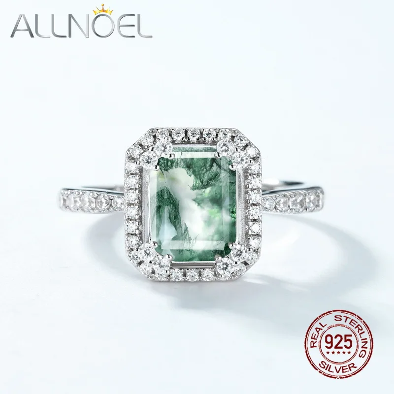 

ALLNOEL 6*10mm Geometry Cut Natural Moss Agate Halo Rings 925 Sterling Silver for Men Women Wedding Bridal Promise CZ Ring