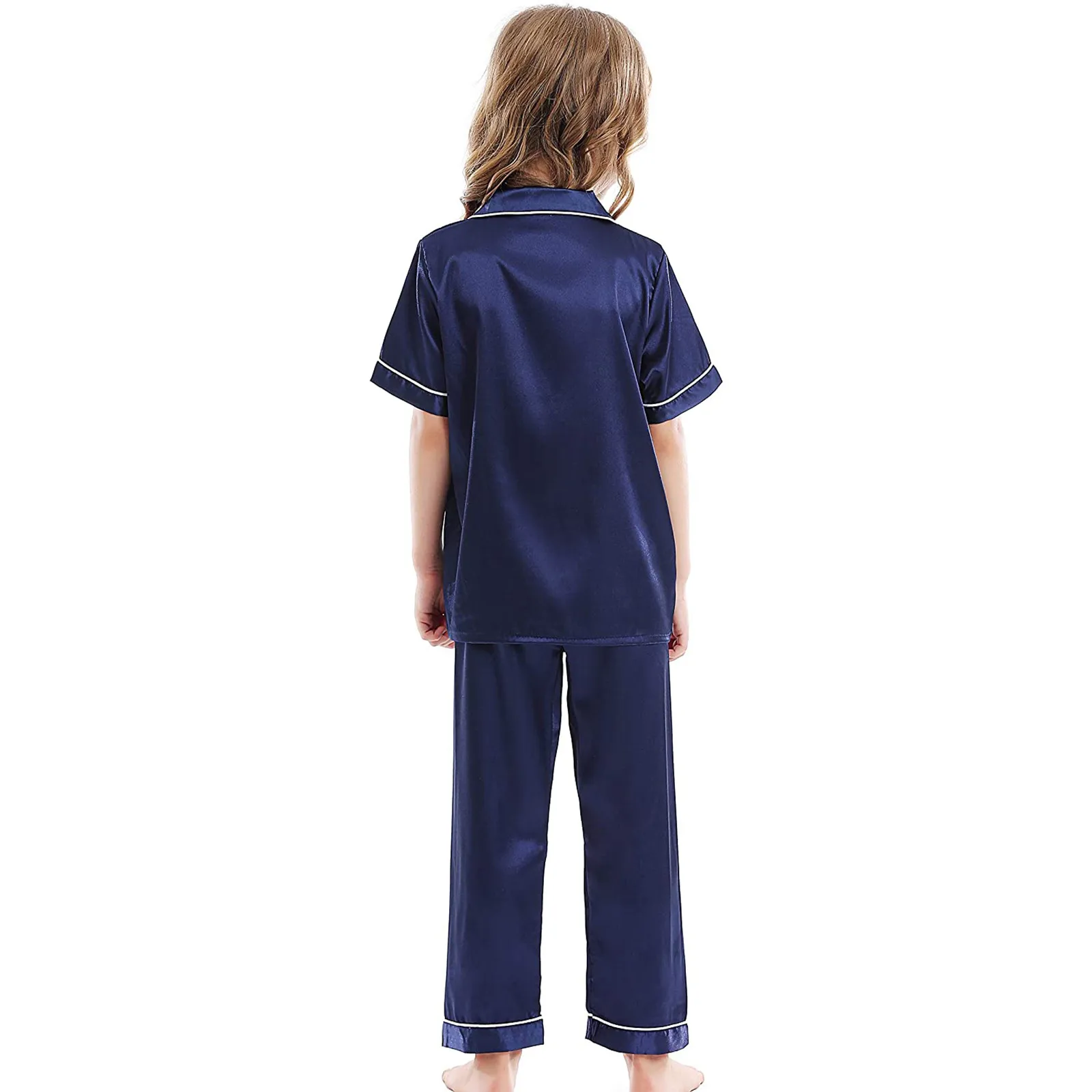 6M-11Y Baby Girls Boys 2PCS Pajamas Set Satin Silk Kids Short Sleeves Casual Sleepwear Button Down Classic Loungewear Pants New