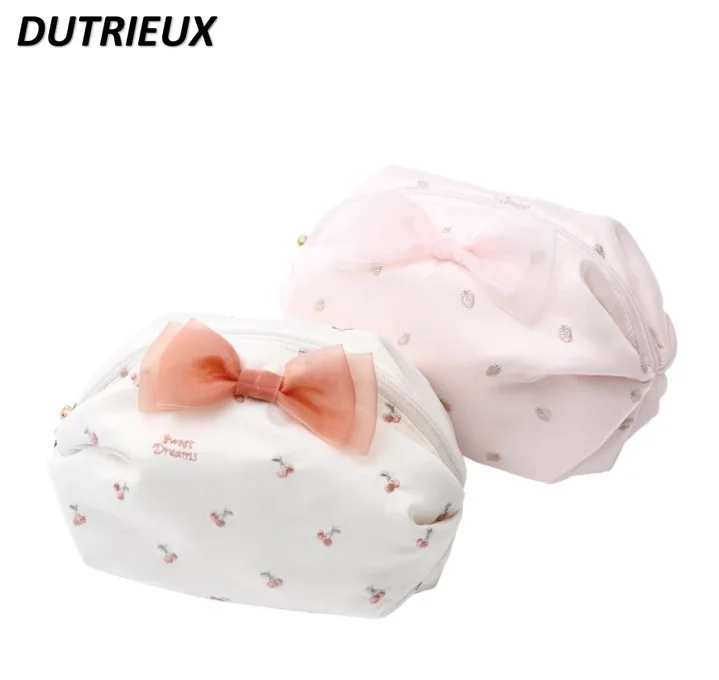 Sweet Cute Small Cherry Strawberry Embroidery Ball Cosmetic Bags for Women Soft Fashion Storage Sundry Makeup Bag Female