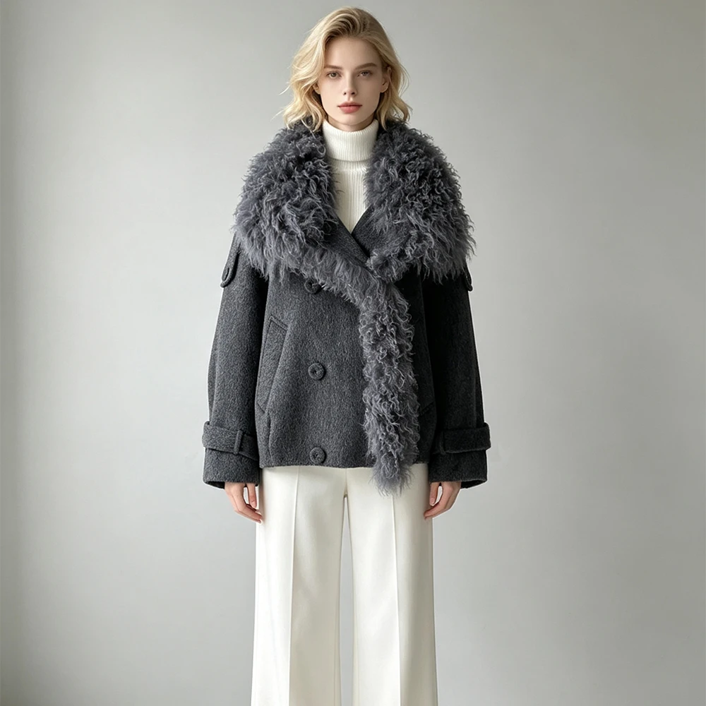 Jaxmonoy Women's Winter Coat New Arrival Wool Jacket with Real Sheep Fur Trim Ladies Fashion Warm Overcoat Lady New In Outerwear