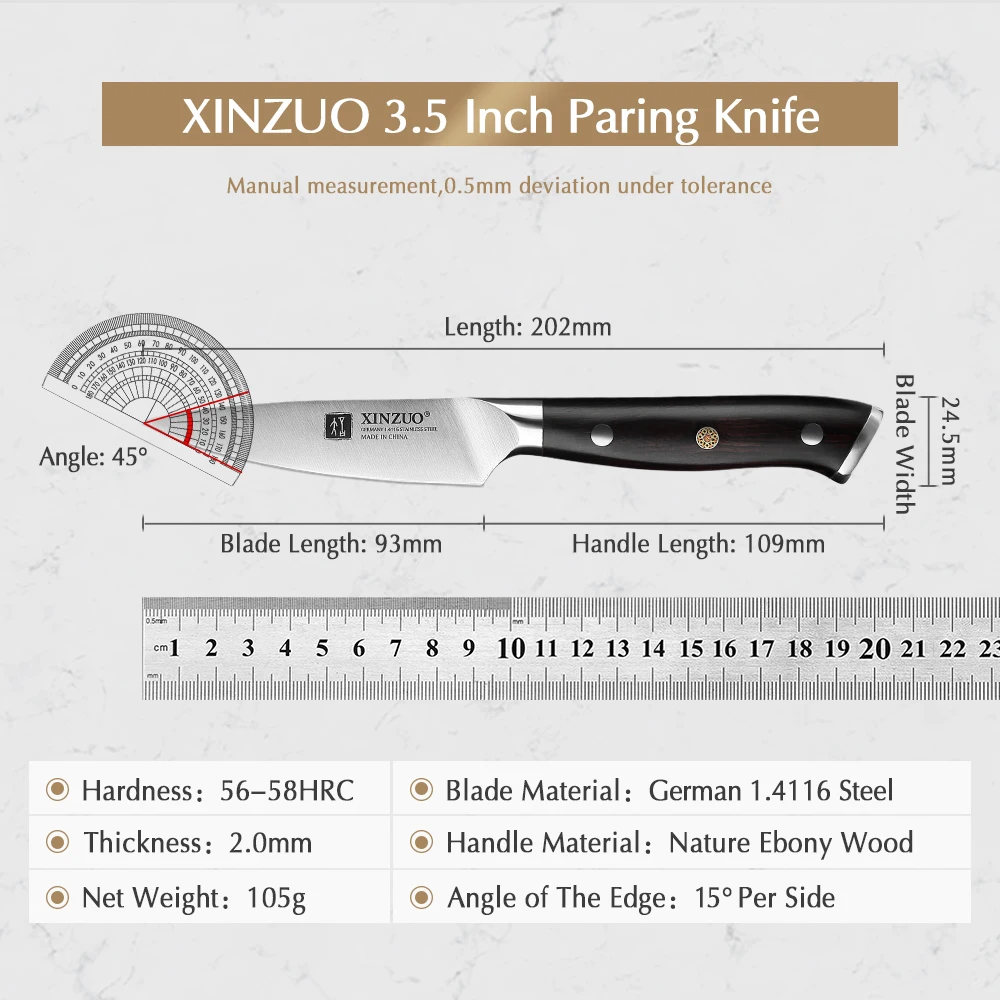 XINZUO 3.5\'\' Japanese Style Utility Knife Ergonomic Ebony Handle  German 1.4116 Stainless Steel Peeling Fruit Kitchen Chef Knife