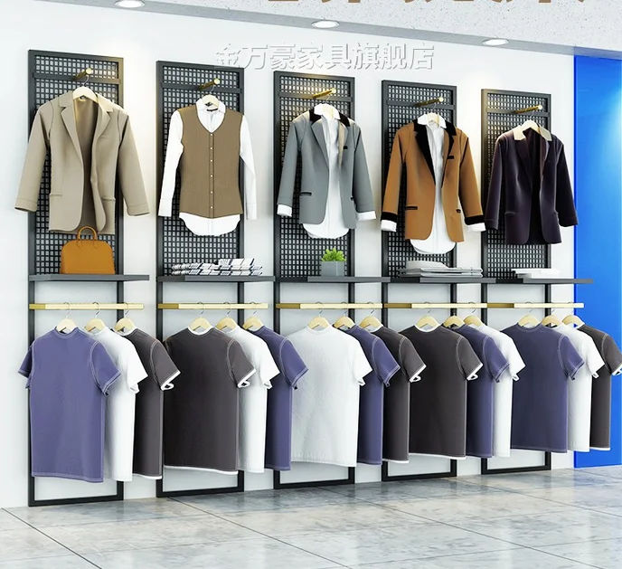 

Clothing store display rack Floor standing men's clothing store hanging rack Background wall decorative props display rack