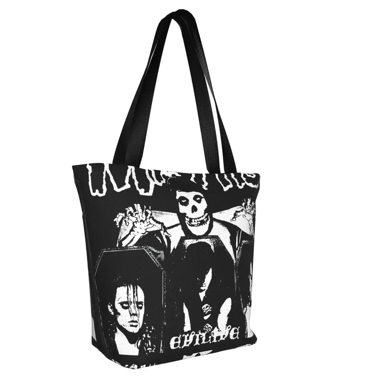 Reusable Misfits Skull Shopping Bag Women Canvas Shoulder Tote Bag Washable Punk Rock Music Grocery Shopper Bags