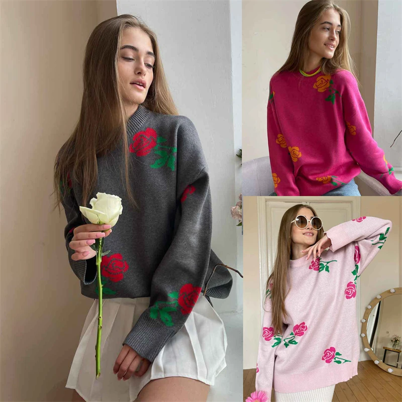 European American Early Spring Round Neck Rose Print Sweater 2025 New Women's Versatile Loose Color Casual Pullover Sweatshirt