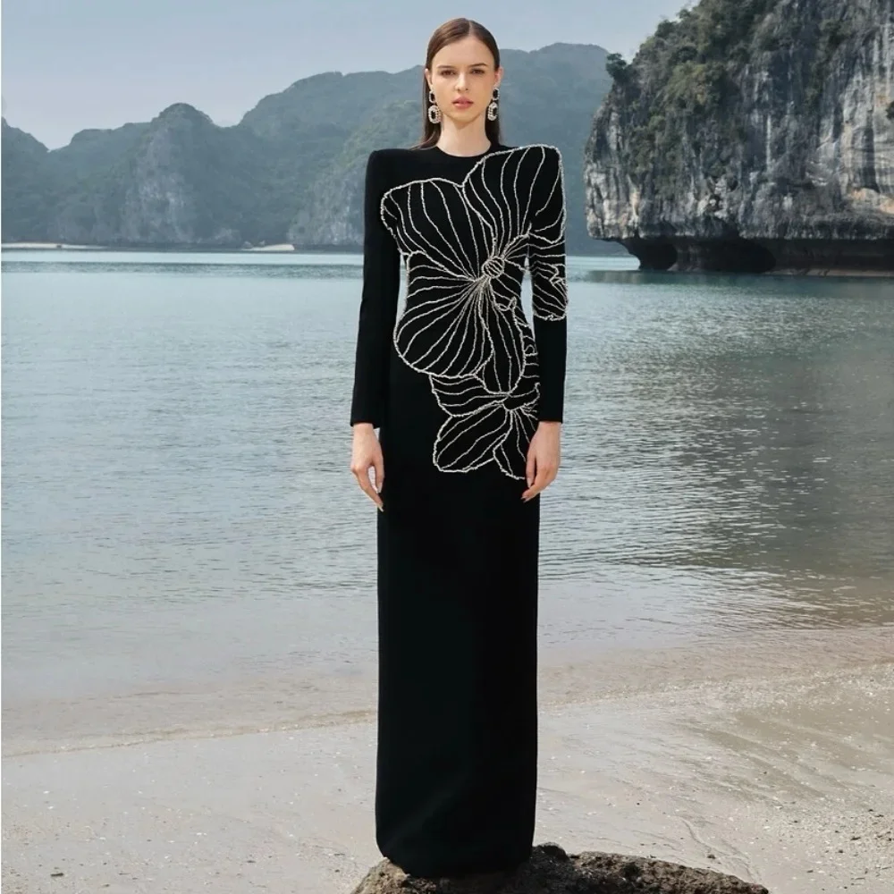 HIGH STREET Newest Fashion 2025 Designer Party Vestido Women\'s Formal Long Sleeve Luxurious Diamonds Beaded Crystal Floral Long