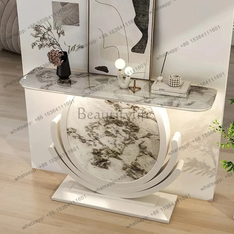 

Cream wind stainless steel entrance cabinet, super crystal marble, facing the door, narrow decorative strip case desk