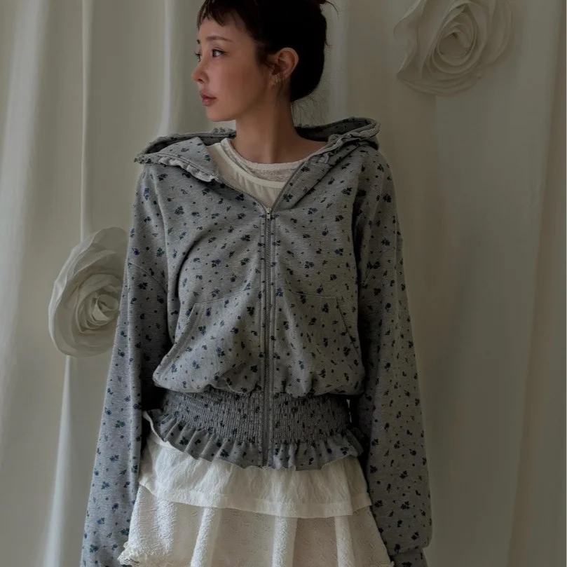 Korean Style Chic Floral Print Hooded Open Cardigan Waist Cinched Short Zipper Jacket for Women Cotton Material Spring Autumn