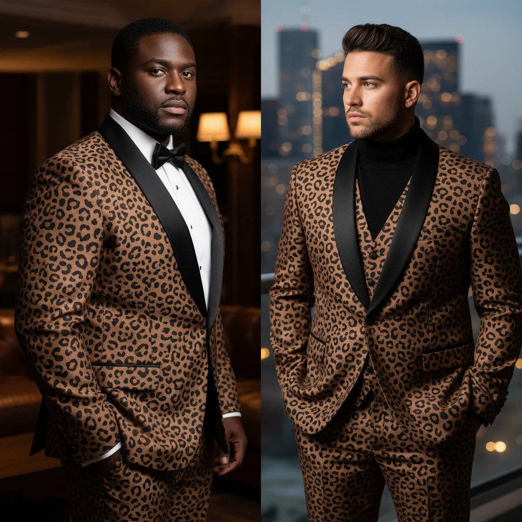 Men's 3-Piece Suit with Leopard Print – Formal Office Attire & Groom's Wedding Tuxedo – Stylish Custom-Tailored Jacket, Trousers