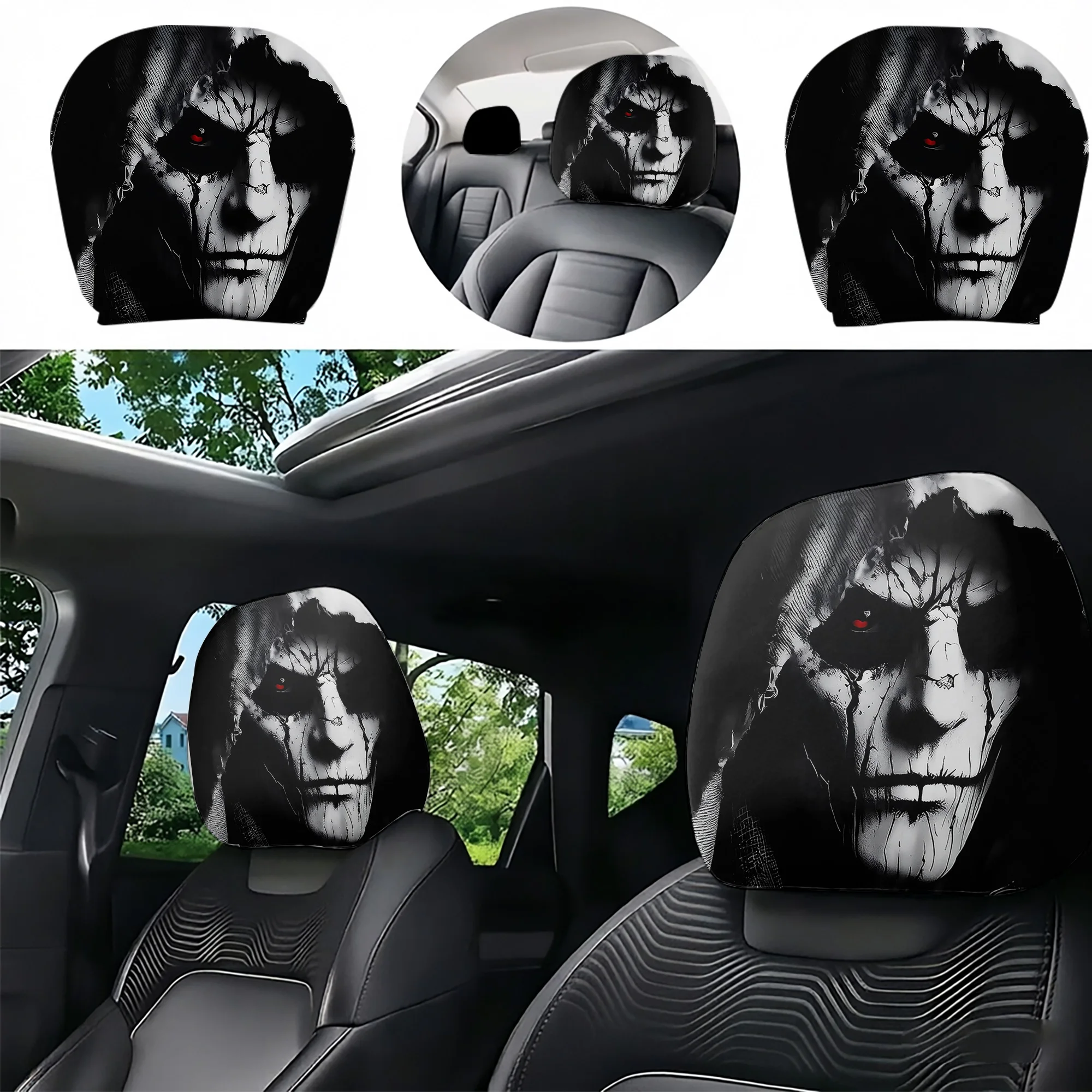 2pcs Gothic-style skull-patterned car headrest covers to add a dark and bold touch to your car’s interior. Does not include fill