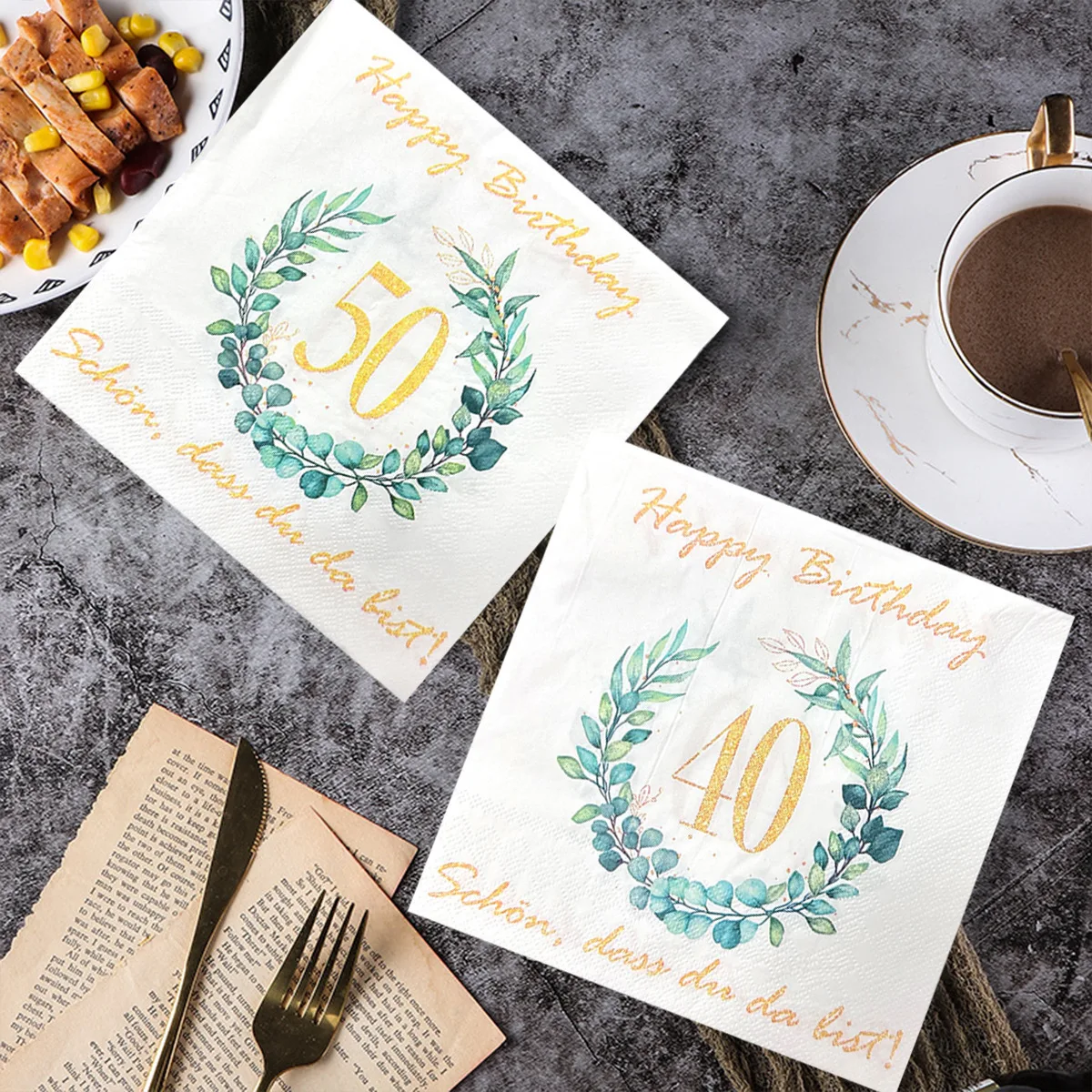30pcs Eucalyptus Milestone Birthday Napkins – Gold Foil 40th/50th/60th/70th/80th Disposable Paper Napkins