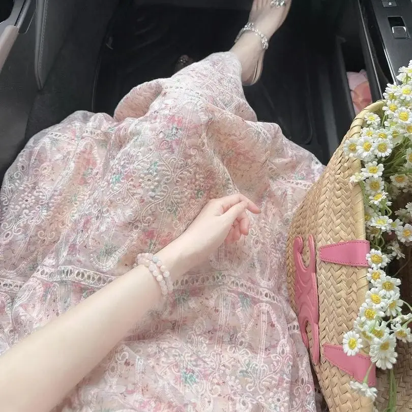 MAGOGO verano estilo francés elegante burbuja manga corta vestido Floral mujeres primavera nuevo agradable arco con cordones vestido largo con cuello cuadrado