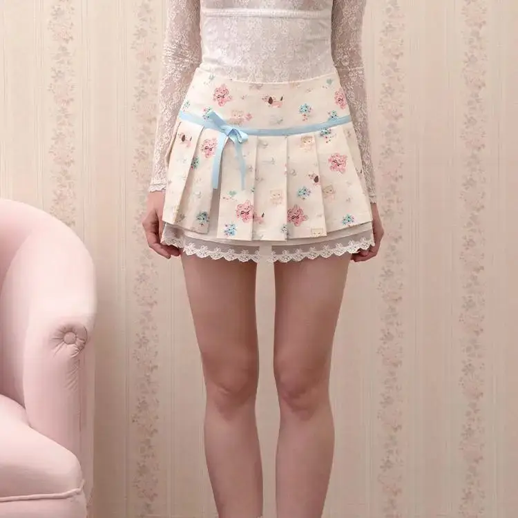 

Japanese Mini Skirt Sweet College Style Lace Bandage Bow Skirt Cute Printed A-Line Female Korean Style Pleated Skirt Y2k