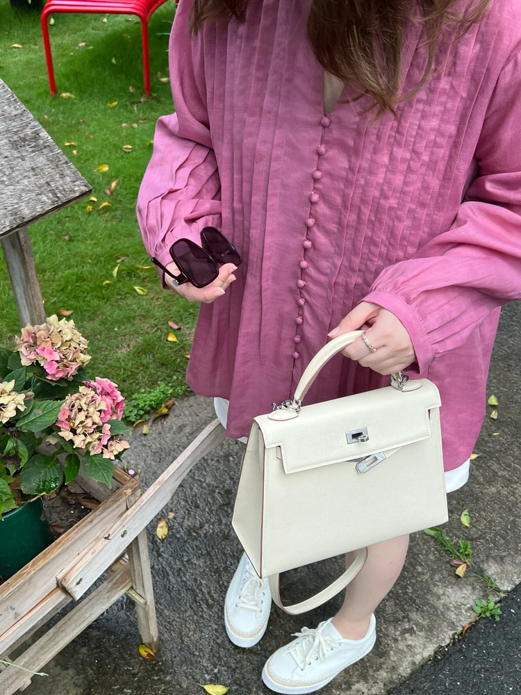 

Женская повседневная летняя блузка свободного кроя с длинным рукавом, розовая, с богатой отделкой и плиссировкой, 100% лен, большие размеры, модная