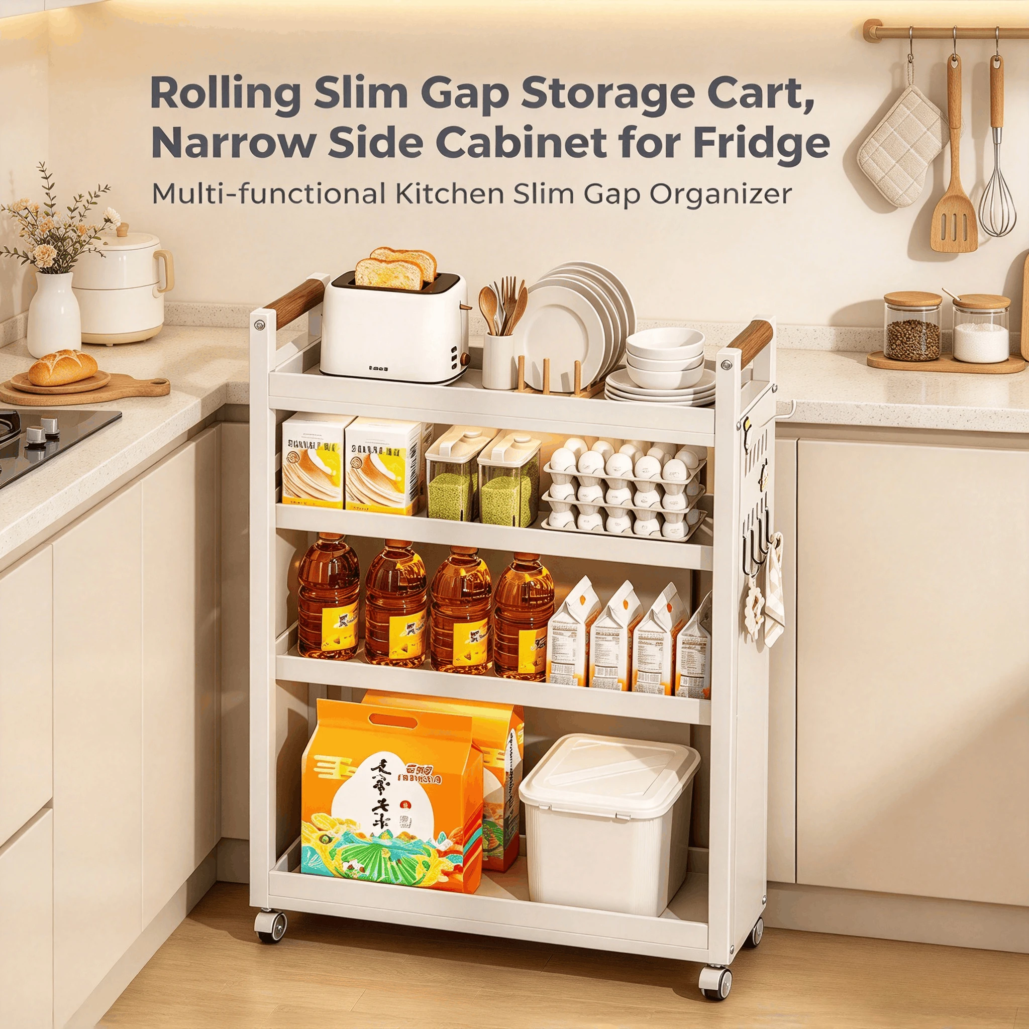 Rolling Slim Gap Storage Cart, Narrow Side Cabinet for Fridge, Multi-functional Kitchen Slim Gap Organizer