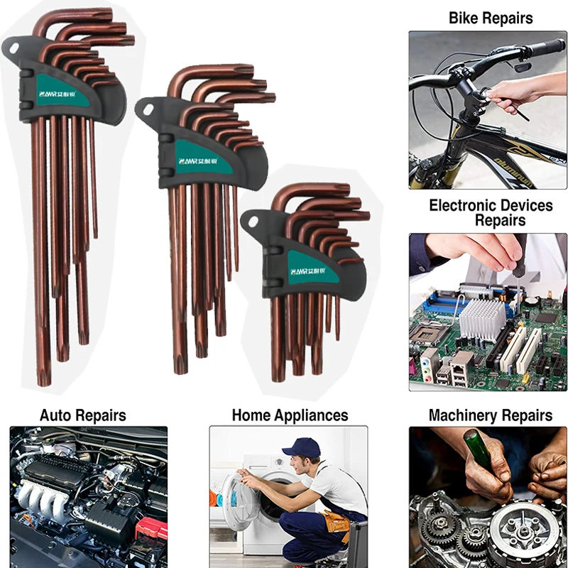 9pcs Torx Allen Wrench Set L Type Double-End Screwdriver Star Key Wrench Set Long Handle for Bicycle Repair Household DIY