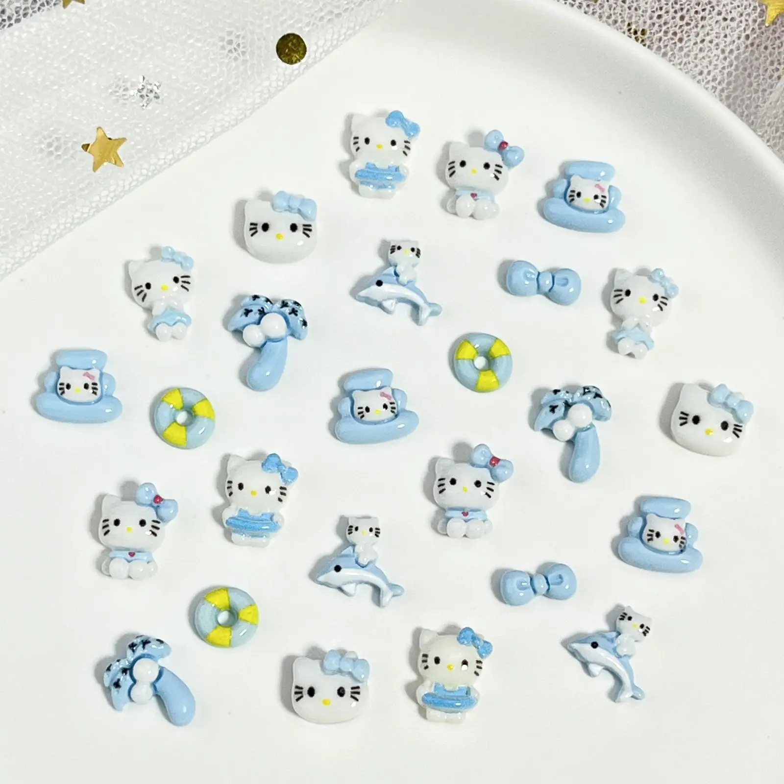 20pcs miniso blue hawaii kt cartoon nail charms for diy nail making kawaii cute resin nail art decoreation