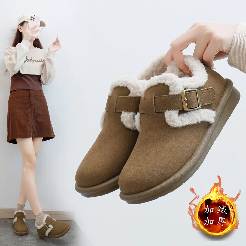 2024 Winter Retro Women's Lamb Wool Shoes Warm Fur Flat Loafers Women Outdoor Waterproof Ankle Boots Lazy Moccasin Driving Shoes