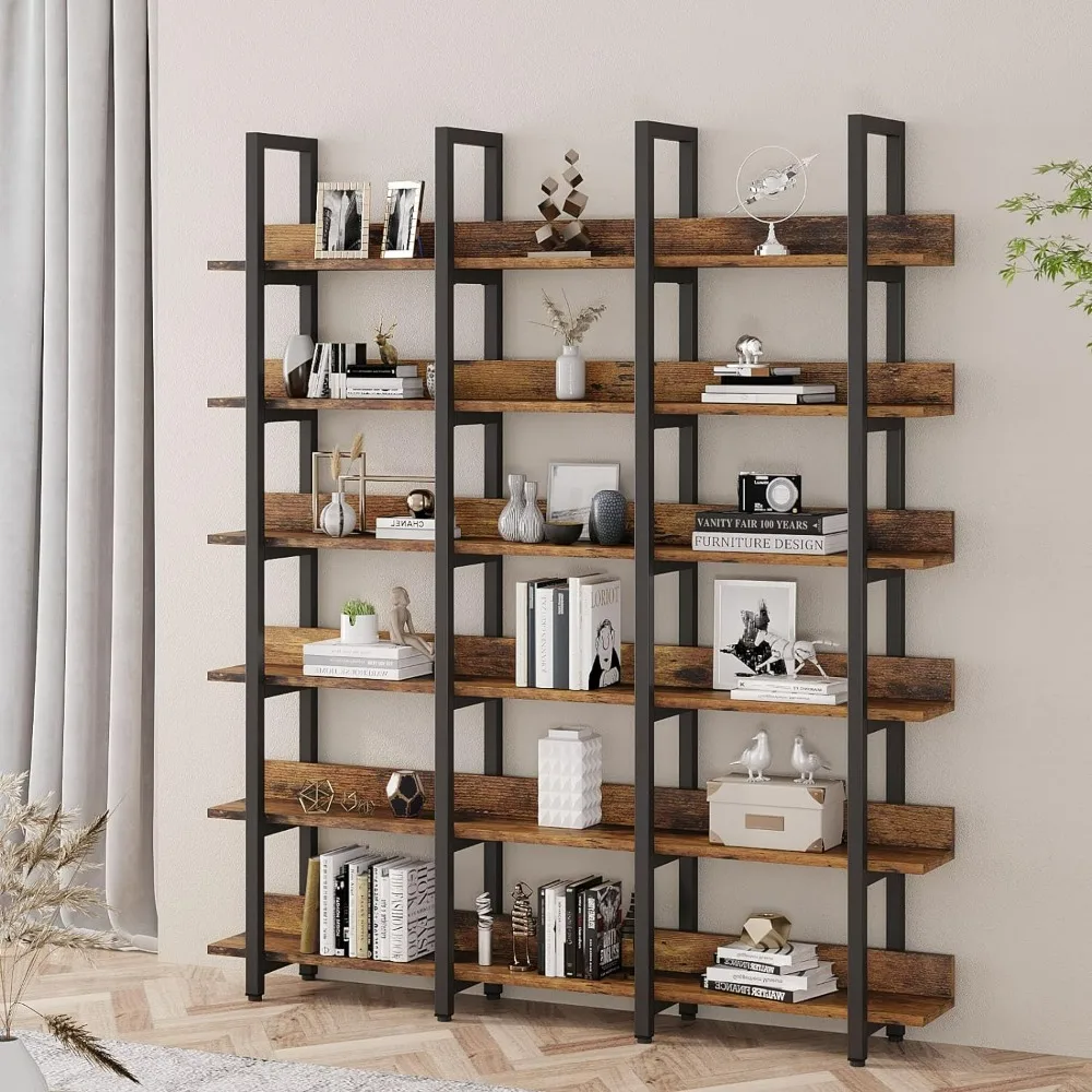 Bookshelves Triple Wide 6 Tiers Large Open Shelves, Vintage Bookcase for Office Home Decoration, Classical Brown Bookshelves