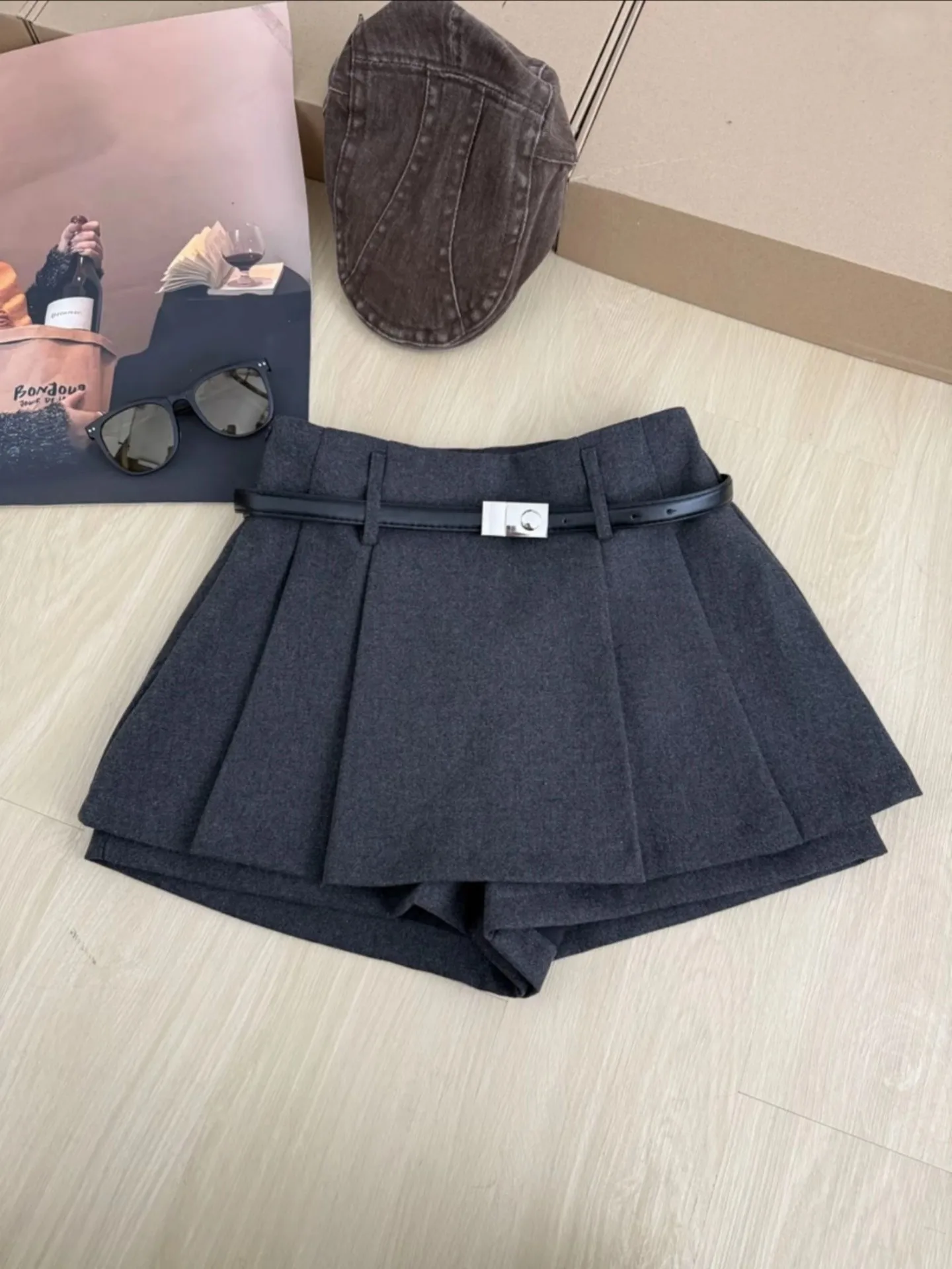 Autumn Winter Plaid Half-length Skirt Women's Belted Simple Commute Versatile Short Skirt Pants High Waist Polyester Cotton