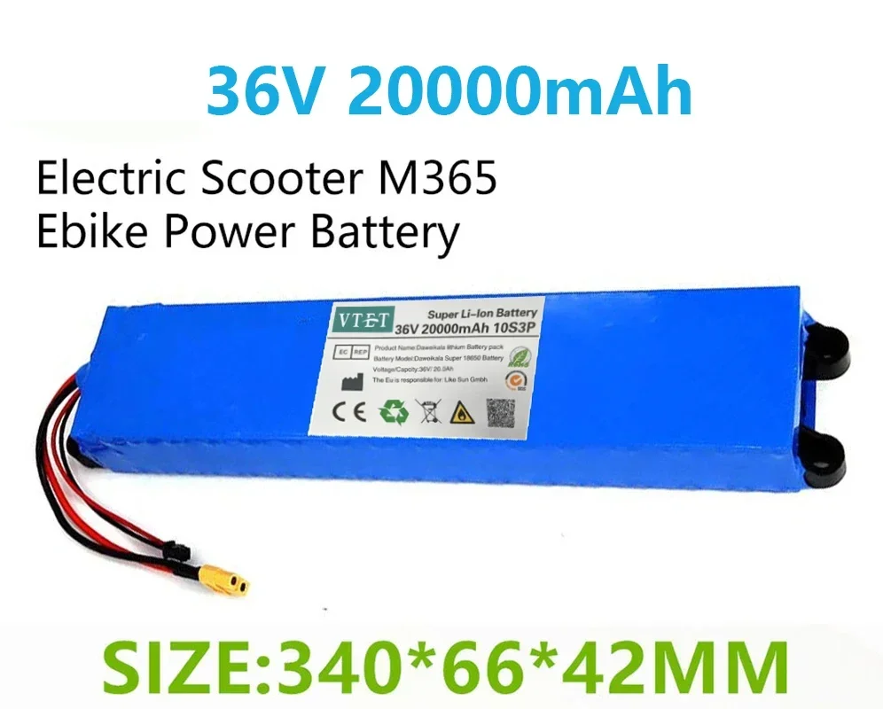 2024 36V 20Ah 18650 Lithium Battery Pack 10S3P 20000mah 500W Same Port 42V Electric Scooter M365 Ebike Power Battery with BMS