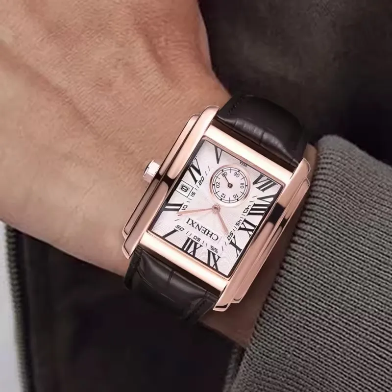 CHENXI 8216 męski zegarek kwarcowy na co dzień wodoodporny skórzany pasek kalendarz elegancka kwadratowa tarcza prosty i klimatyczny męski zegarek