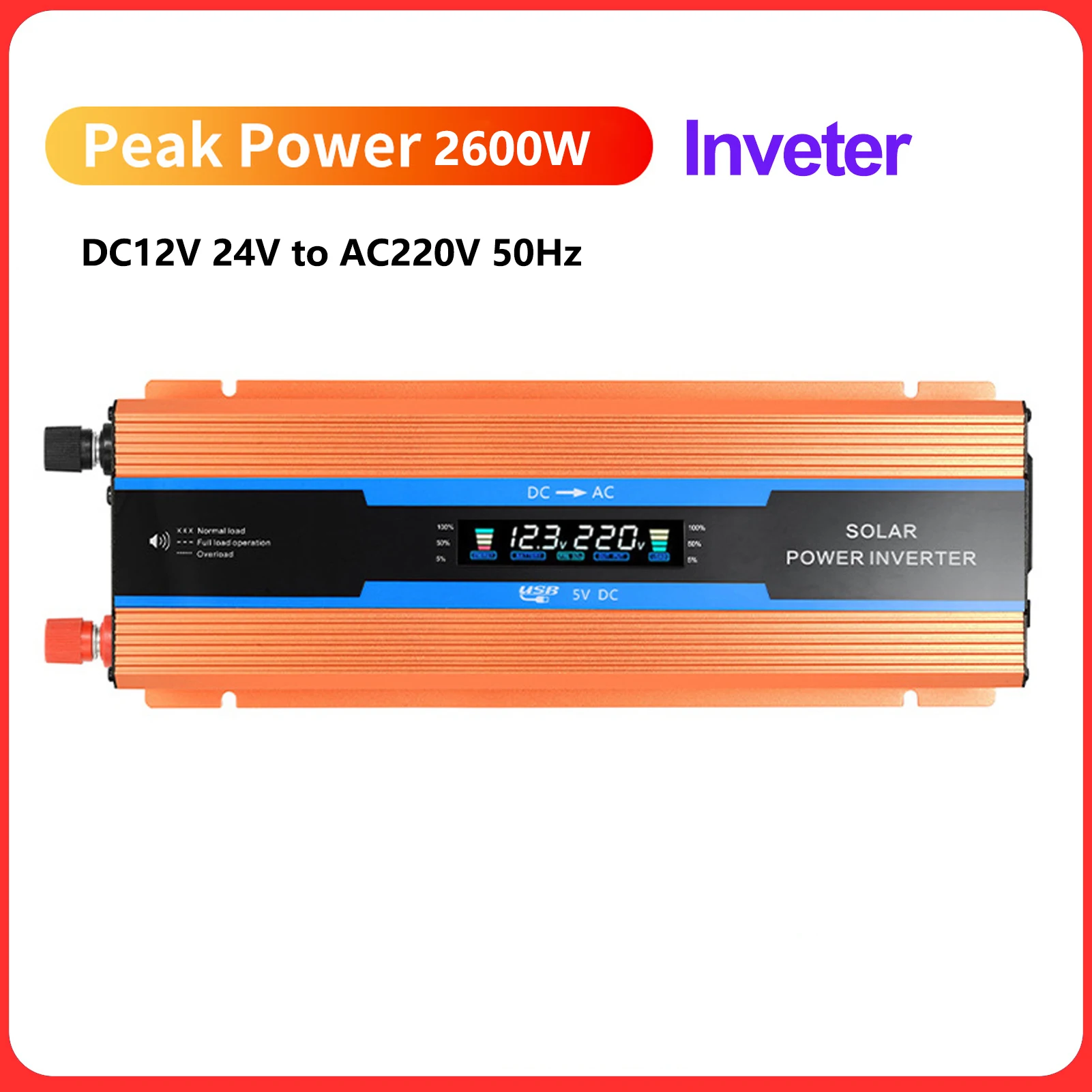 

Инвертор синусоидального тока с ЖК-дисплеем и коррекцией напряжения, 12В/24В в 220В, непрерывная мощность 2600Вт, с USB-портом