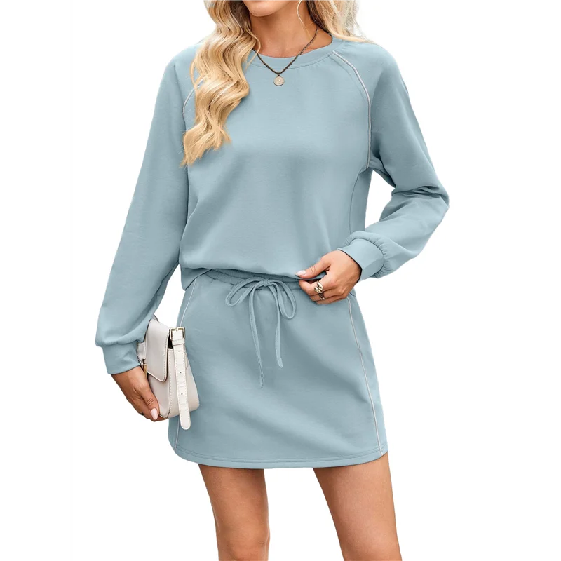 

ABRT-Women's 2 Piece Lounge Sets Autumn Matching Outfits Long Sleeve Top And Skirt Loungewear Light Blue M