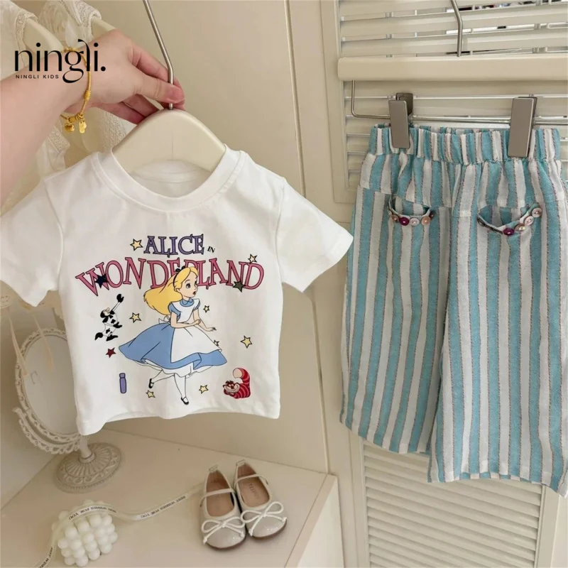 

Summer New2025Girls' Round Neck Cartoon Print Sweet Short SleeveTChildren's Shirt Set