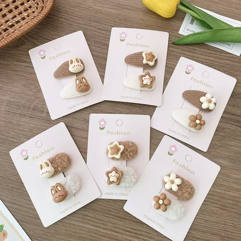 Korean 2pcs Cute Kids Hair Clip Cartoon Rabbit Floral Hair Pin for Girls Milk Coffee Bang Side Clip Children Headwear