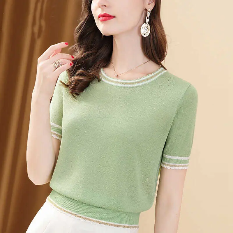 Fashion O-Neck Spliced Loose Korean Blouse Women Clothing 2023 Summer New All-match Casual Pullovers Short Sleeve Commute Shirt