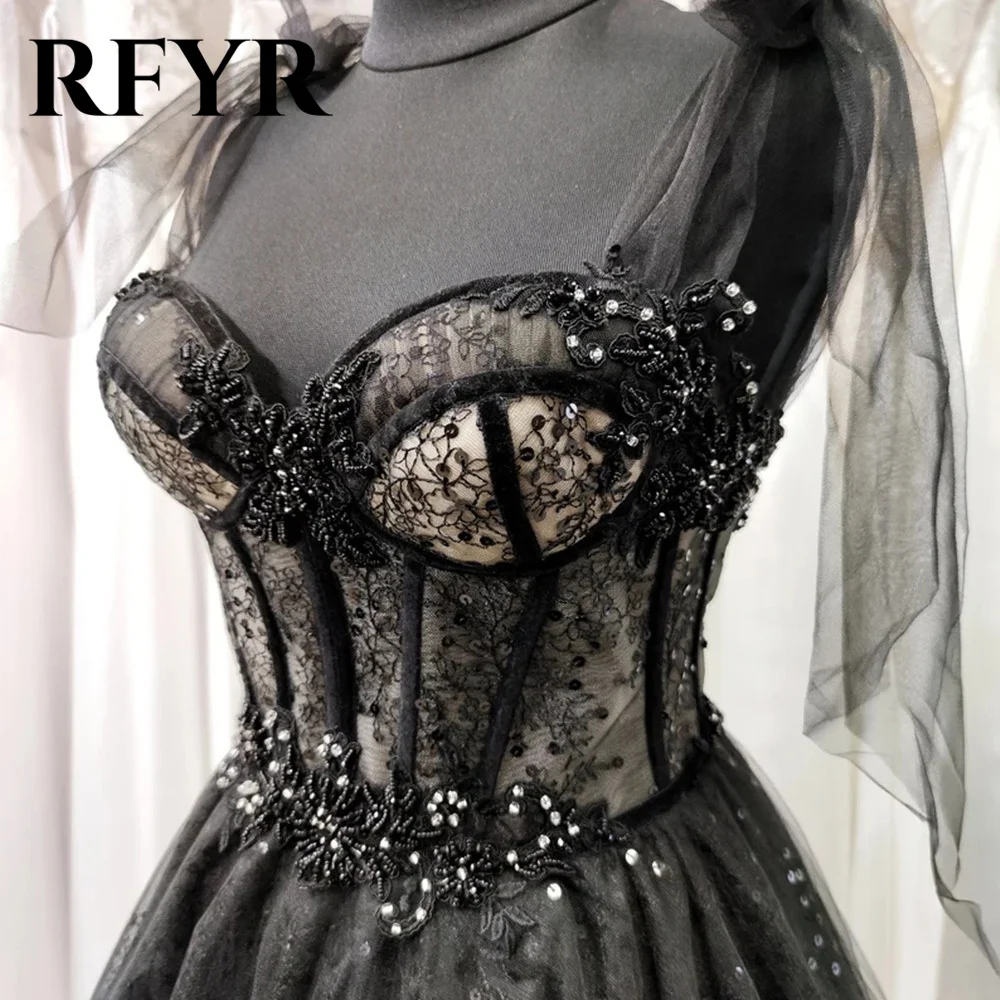 RFYR Spaghetti Strap Woman Black Evening Dress Gown A Line Ball Gown Sweetheart Sequin Lace Formal Night Dress Gown Customized