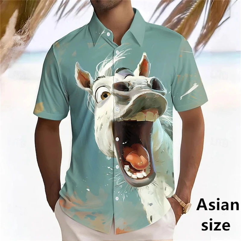 2025 Summer Funny Animal Screaming Sheep Horse Print Short Sleeve Shirt Fun Animal Cat Fashion Street Men's Lapel Button Shirts