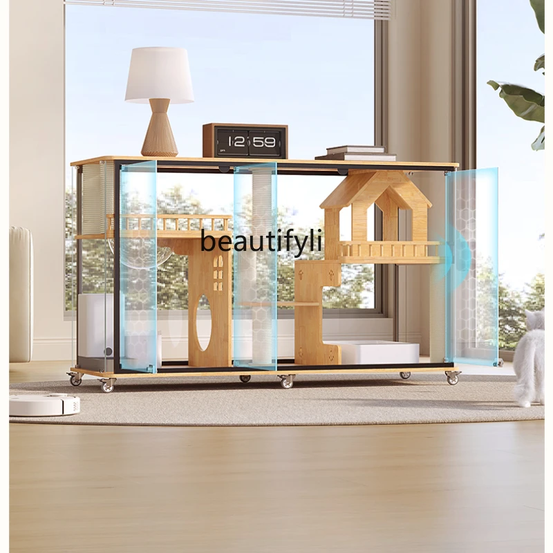 Panoramic Horizontal Villa TV Glass Solid Wood Cat Cage Transparent Home Indoor Cat Nest