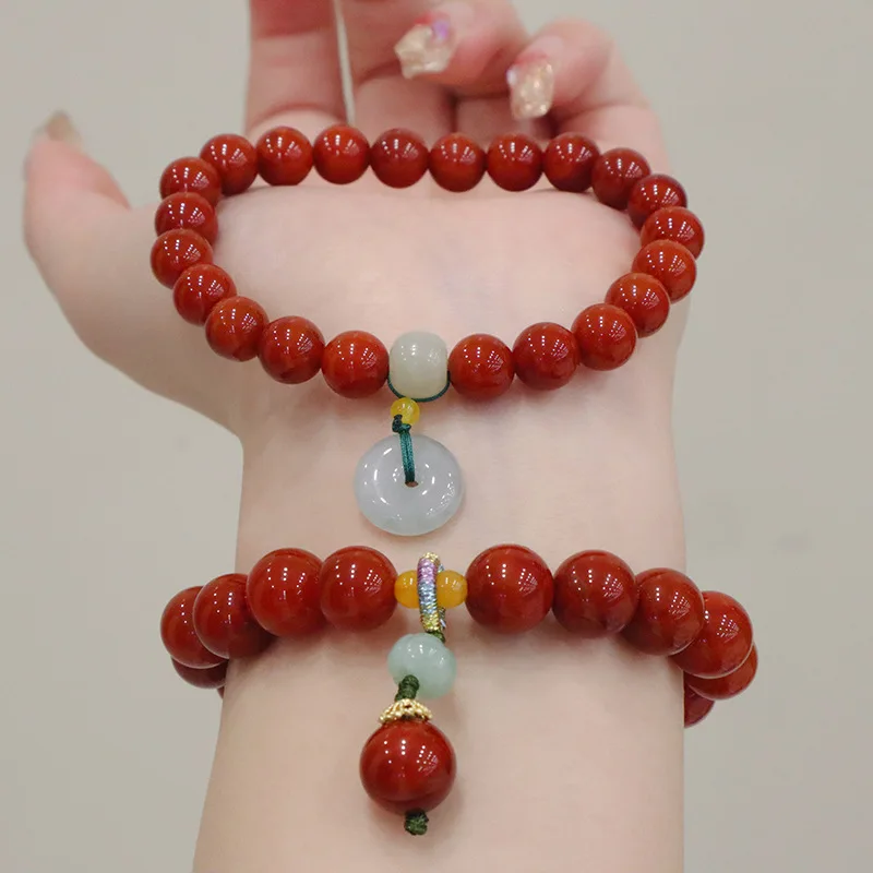 

South Red Agate Bracelet Hanging Jade Ping An Buckle New Chinese Style Men's and Women's Beaded High-grade Beaded Hand Jewelry