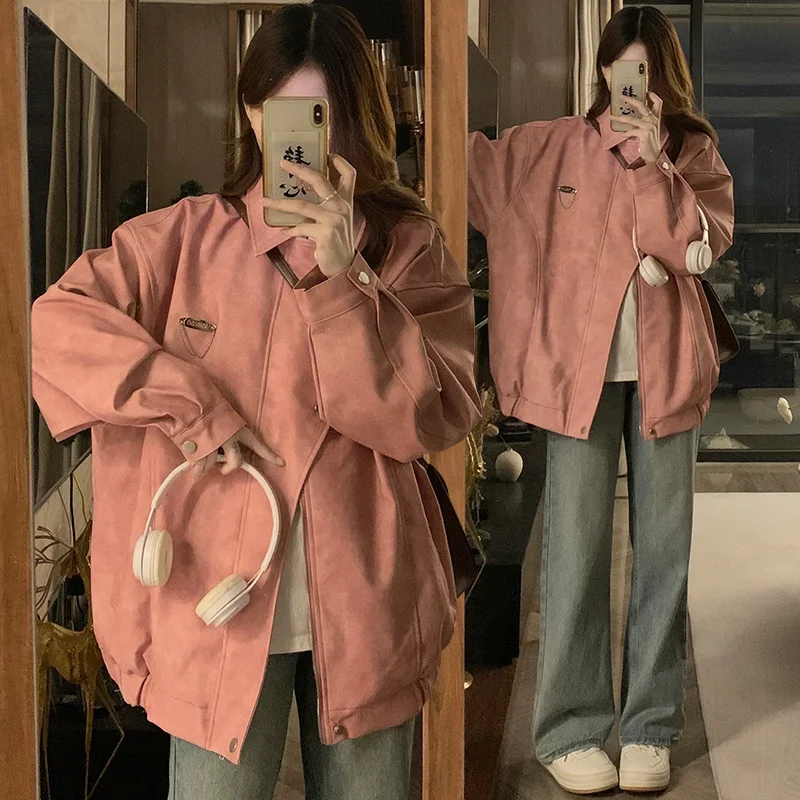 

2024 Autumn New American Retro Pu Leather Jacket Metal Buckle Turn Down Collar Long Sleeve Loose Jackets Coats Streetwear Tops