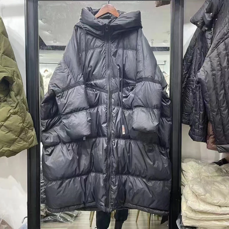 2024 Nuovo Inverno Con Cappuccio Con Coulisse Allentato Piumino Delle Donne Solido Casual Silhouette Lungo 90% Piumino D'anatra Bianca Cappotto Caldo