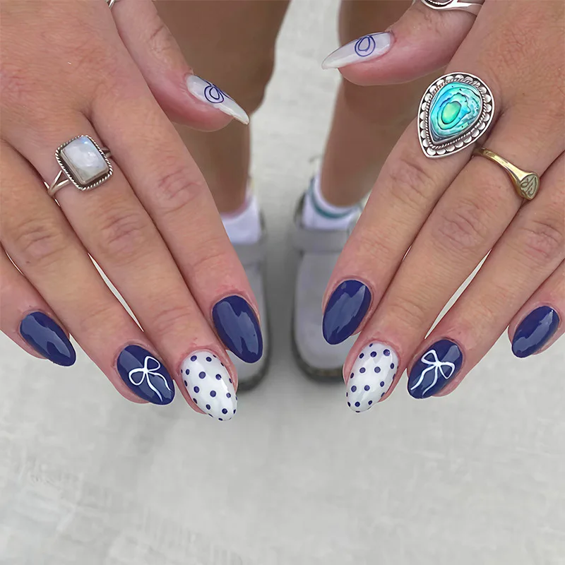 

24Pcs Fake Nails Short Round Blue with bow Polka Dots Glossy design Cute Press on nails Style Perfect Gift for Girls false nail