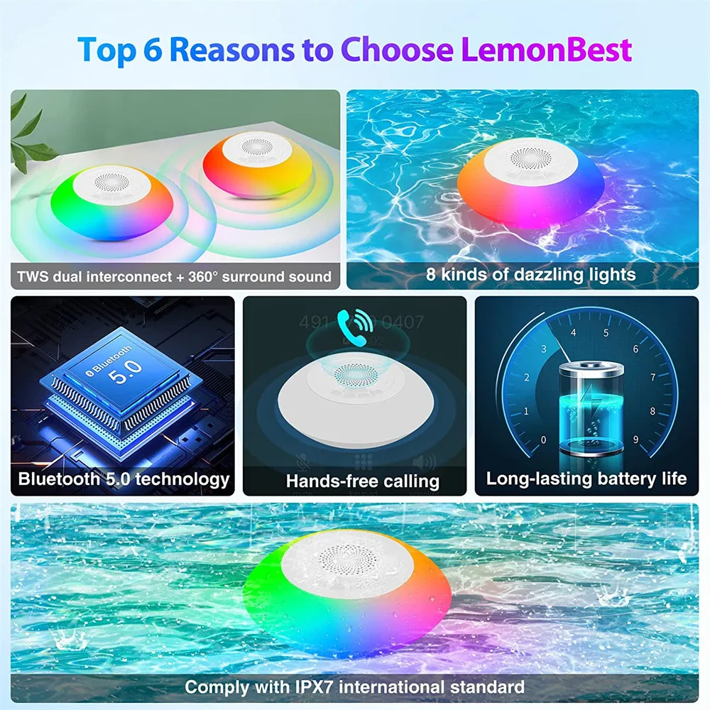 Ipx7 Led Zwembadverlichting Draagbare Waterdichte Muziek Bluetooth Speakers Zwevend Stereo Geluid Draadloze Douche Bad Kleurrijke Zwembadlampen