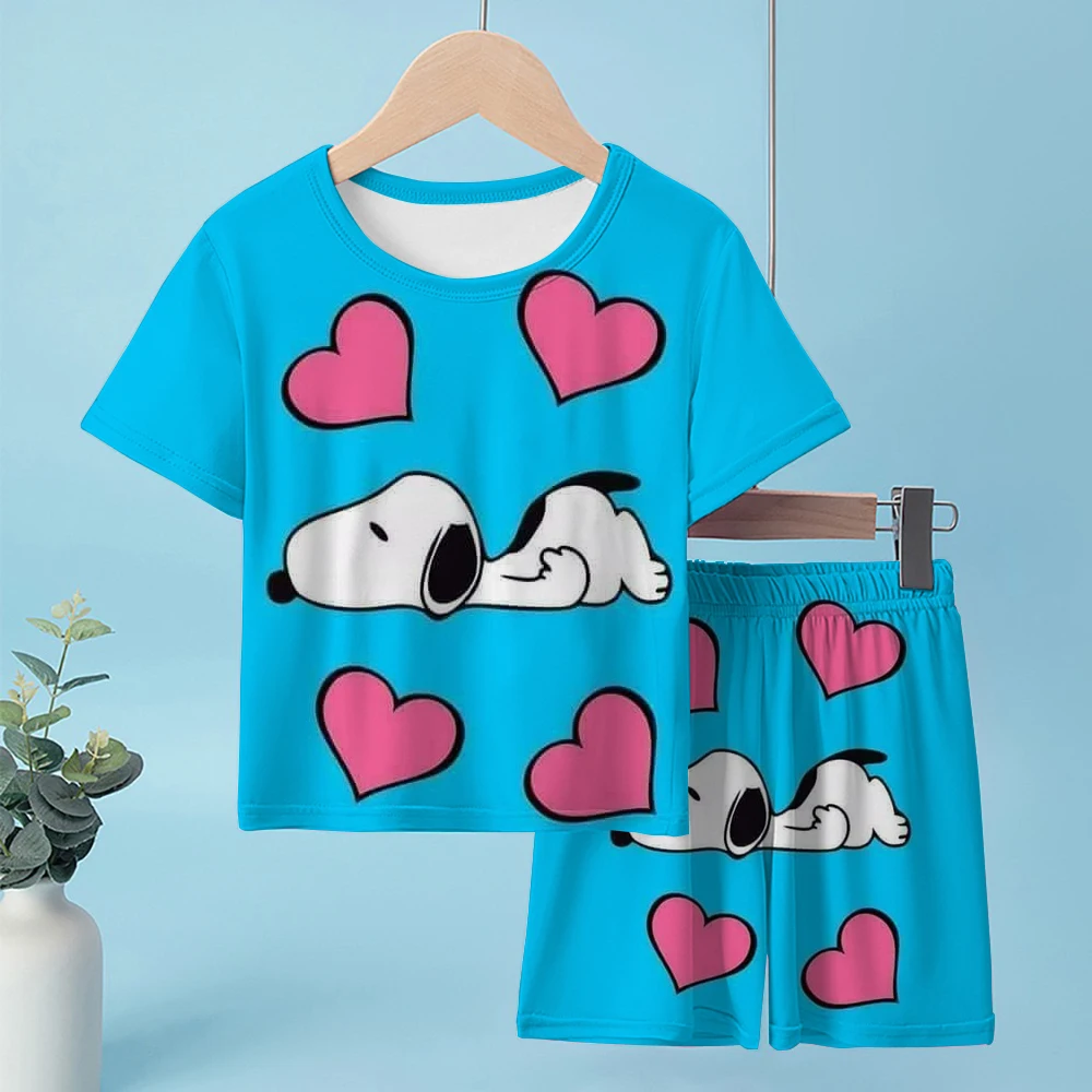 

Children's Summer Cotton T-shirt Cute Snoopy Print Youth Round Neck Short Sleeve+Shorts Boys and Girls Fashion Set